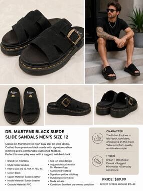 🆕Dr Martins Air Wair Men’s Adjustable Sandals Black Suede Size 12 Comfort Slide